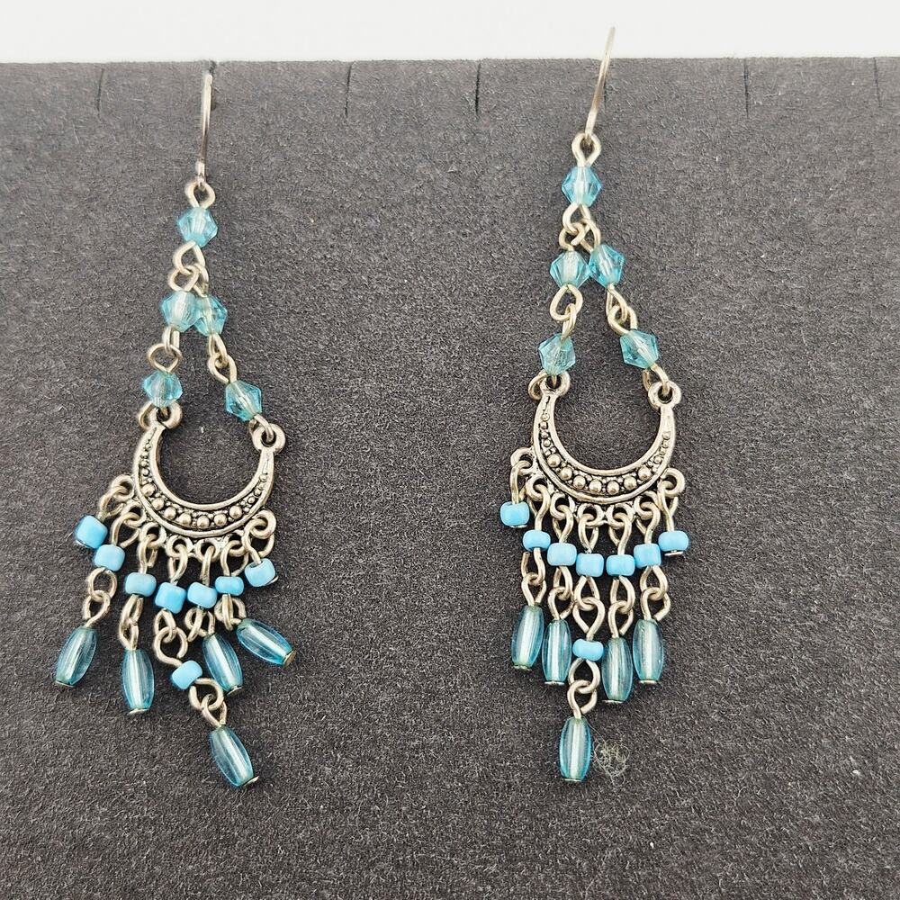 Silver Tone Chandelier Drop Earrings Light Blue Dangle Bohemian Western Cowgirl